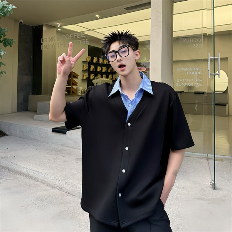 2025夏季韩系假两件男士撞色条纹Polo衫小众高级感短袖T恤D01/P75,男装Polo衫,星座305B