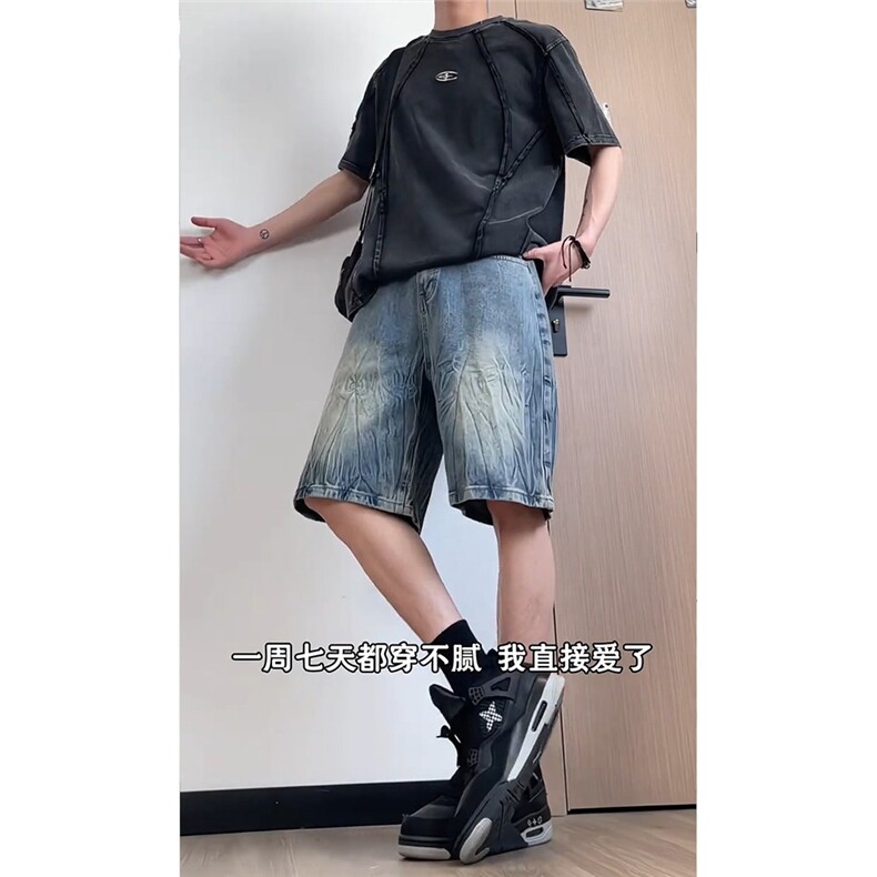 复古蓝闪电纹牛仔短裤男款夏季美式水洗做旧潮牌直筒裤子XXF620,男装牛仔裤,星座208-5