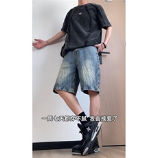 复古蓝闪电纹牛仔短裤男款夏季美式水洗做旧潮牌直筒裤子XXF620，男装牛仔裤，星座208-5