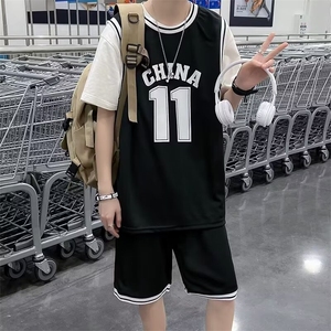 篮球服短袖套装男夏季港风假两件t恤宽松短裤情侣运动休闲两件套图片