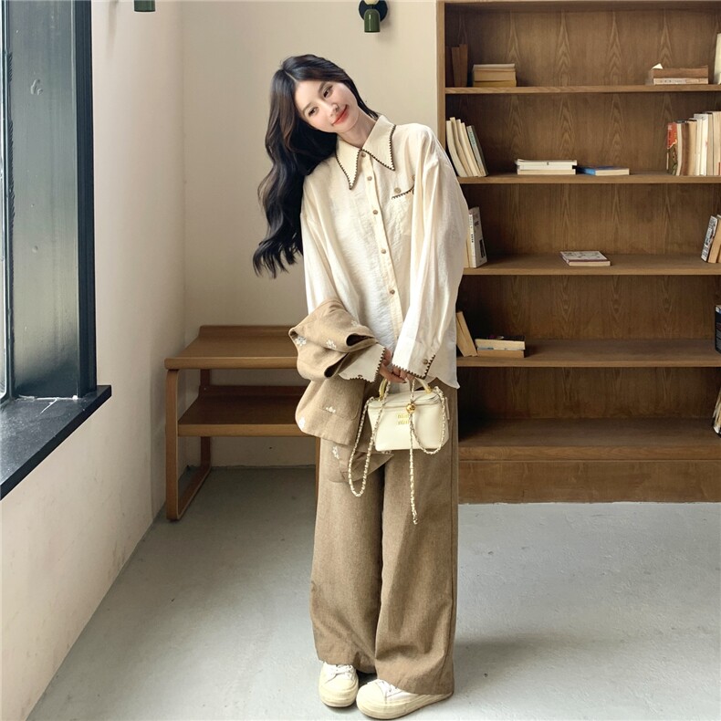 套装裤卡其色刺绣马甲衬衫阔腿裤三件套女秋,女装套装/套裙,浙宝186