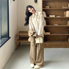 套装裤卡其色刺绣马甲衬衫阔腿裤三件套女秋，女装套装/套裙，浙宝186