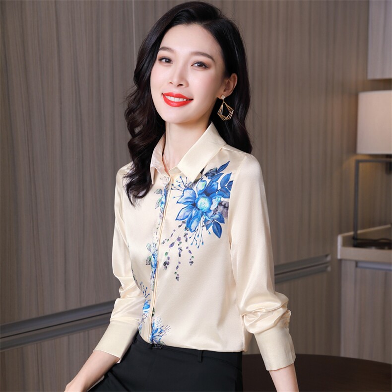杭州重磅真丝衬衫女长袖高端真丝2026新款春秋粉色印花上衣,女装衬衫,阿舍尔精品