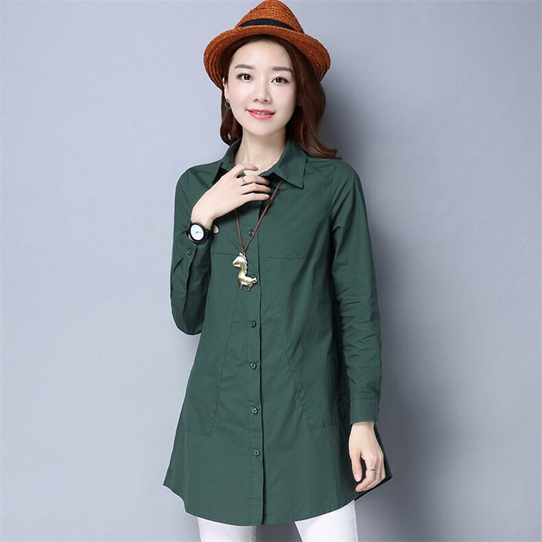 春秋纯棉加绒衬衫女长袖中长款遮屁股立领衬衣早春打底衬衫裙上衣，女装衬衫，风姿绰
