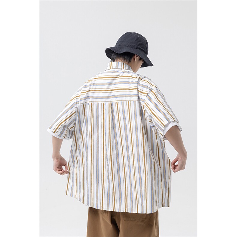 南夏乔装2025夏款拼色条纹翻领衬衫日系潮流cityboy宽松开衫半袖,男装T恤,电商S006（B521）