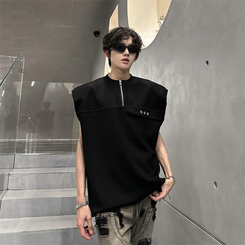 无袖结构半拉链美式垫肩背心重磅复古工艺夏季上衣931P42，男装背心/马甲，电商A458A