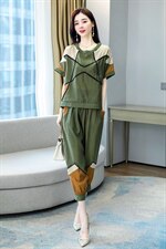 2021夏季新款时尚休闲圆领拼色套装，女装套装/套裙，橙子家