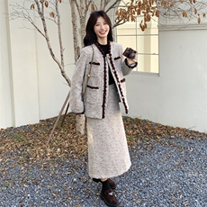 小香风拼接毛呢外套半身裙两件套女秋冬2025新款韩系chic气质套装，女装套装/套裙，2C032