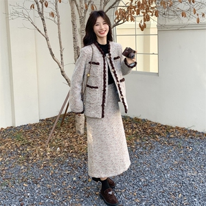 小香风拼接毛呢外套半身裙两件套女秋冬2025新款韩系chic气质套装图片