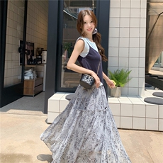 韩版轻熟风印花半身裙套装女2025年夏季新款不规则吊带上衣三件套，女装套装/套裙，维壹