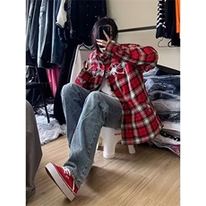 美式刺绣红色格子衬衫女春秋季小众设计感宽松慵懒风学生衬衣外套，男装衬衫，星座1210-1