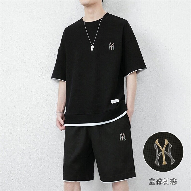 网图7538-P55短袖t恤男士夏季宽松男装短裤一套华夫格运动套装,男装牛仔裤,电商D310B-1