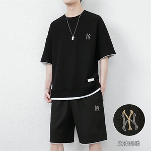 网图7538-P55短袖t恤男士夏季宽松男装短裤一套华夫格运动套装图片