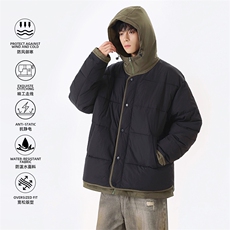 日系复古假两件连帽棉衣男冬季宽松情侣冬季棉服M0829-P103，男装棉衣，星座308B-2