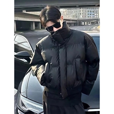 现货5W件冬季三防重磅硬挺boxy短款羽绒立领PU皮棉衣外套加厚棉服，男装棉衣，电商A443