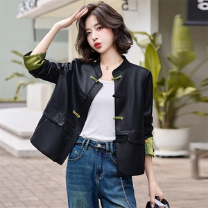 现货新中式仿真皮衣女短款2024新中式仿绵羊皮盘扣夹克外套女减龄图片