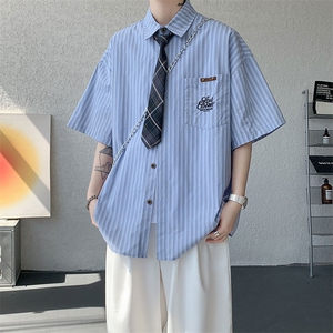 CS1132-特P48 控78 夏新大码刺绣短袖条纹衬衫男学院风（带领带）图片