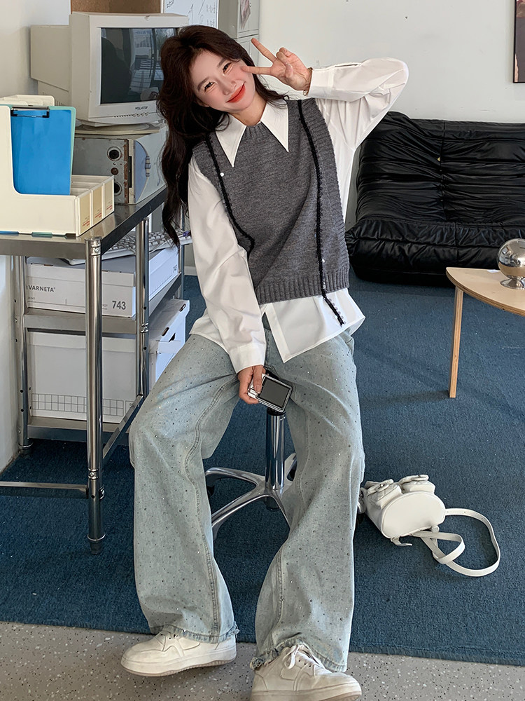 灰色小香风针织马甲套装女2025春季新款小个子时尚减龄衬衫两件套,女装马甲,维壹