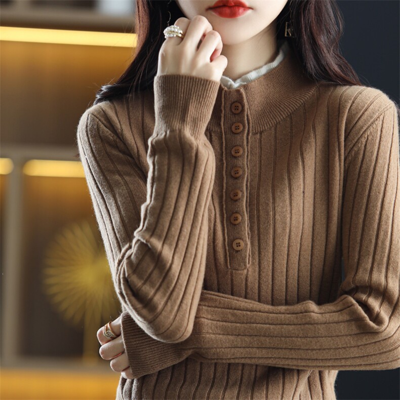 拼接半高领打底衫女显瘦柔软长袖针织衫秋冬新款内搭毛衣，女装羊毛衫，总能电商供货