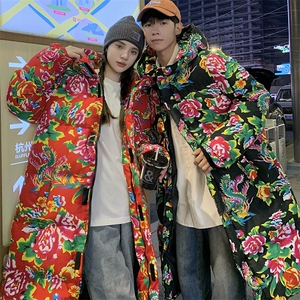 A5长款棉衣外套东北大花风汉服男女宽松保暖防寒连帽棉袄情侣图片