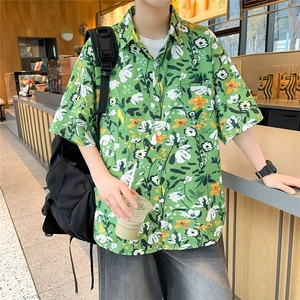 弹力布夏季男士印花短袖衬衫个性五分袖衬衣外套图片