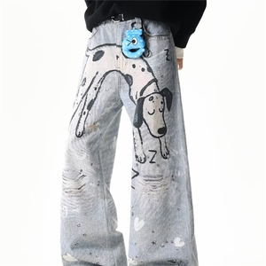 美式高街痞帅vibe风涂鸦做旧牛仔裤男潮流复古宽松直筒百搭阔腿裤图片