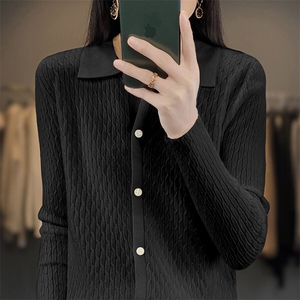 2025年秋季新款百搭女士长袖polo领麻花开衫图片