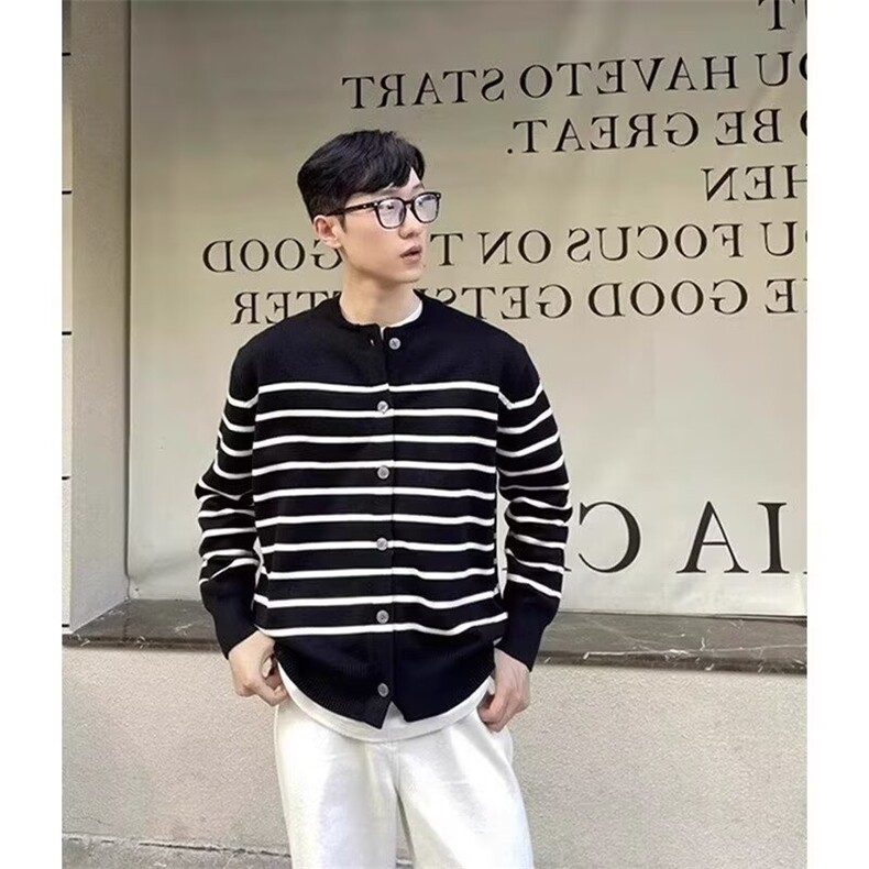 高级感经典条纹开衫毛衣男秋冬宽松慵懒风休闲针织衫MY219P53,男装针织衫/毛衣,星座1013-5