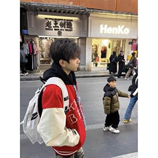 数字款珍珠红色棒球服撞色夹克外套JK0116-1-P105，男装夹克，星座313A(原308A-2)