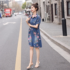 时尚牛仔印花连衣裙修身显瘦高腰A字裙夏季新款，女装连衣裙，秋水欣儿