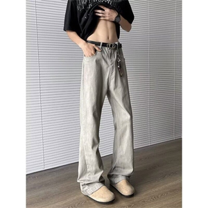 美式高街脏灰色休闲裤子直筒微喇叭廓形弹力vibe小众设计图片