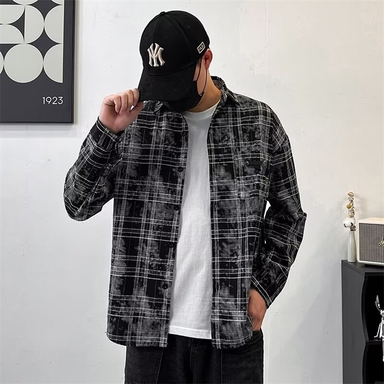 1506-1/CJ061/P35复古扎染格子休闲长袖衬衫男女春秋外套情侣装,男装衬衫,星座1506-1