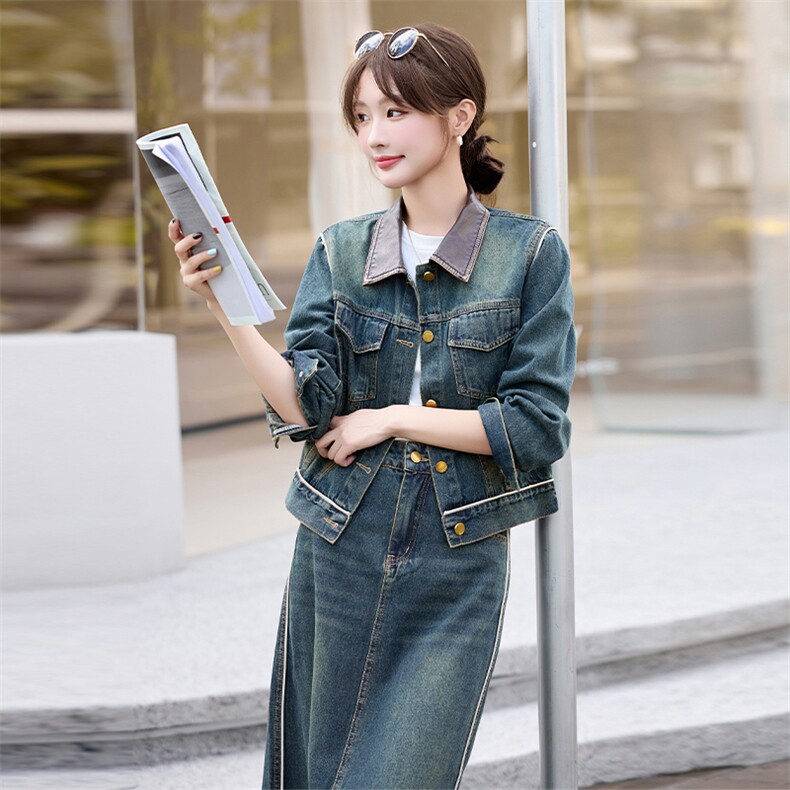 潮牌复古时尚牛仔套装女2024春秋新款洋气炸街短外套阔腿裤两件套,女装套装/套裙,美拉德工厂直营店