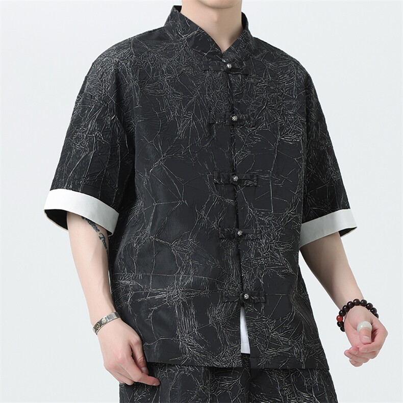 2025夏季新款男装新中式衬衣风纹理盘扣拼接短袖衬衫C98-P60,男装衬衫,电商B277(原6028)