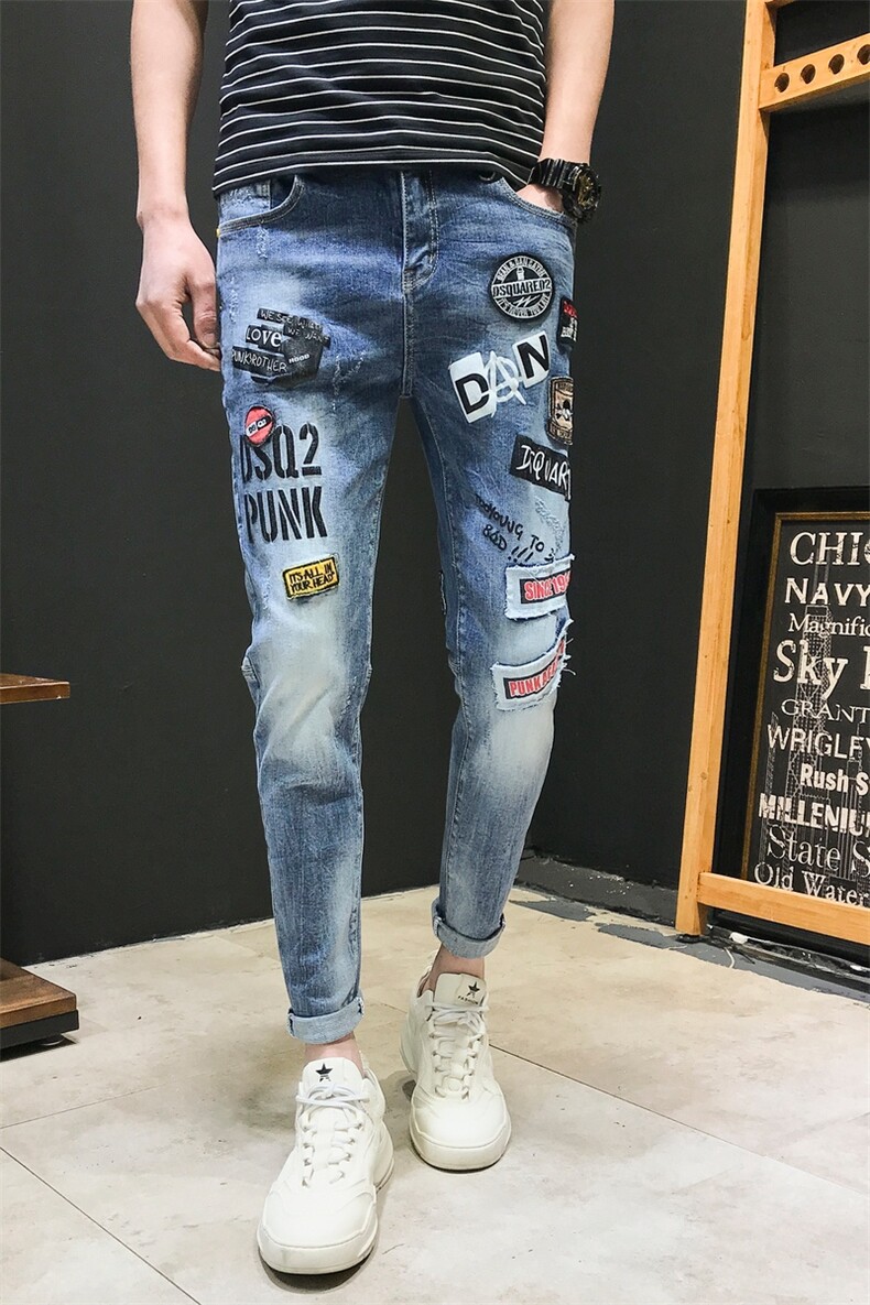 2021潮牌弹力牛仔裤男时尚印花修身小脚裤九分裤QT6027-89031,男装牛仔裤,电商D218