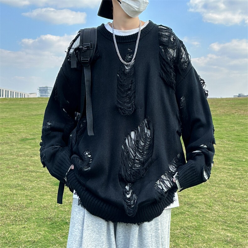 破洞毛衣男宽松潮流日系休闲开叉针织衫线衣外套外穿MY0724-P48图片