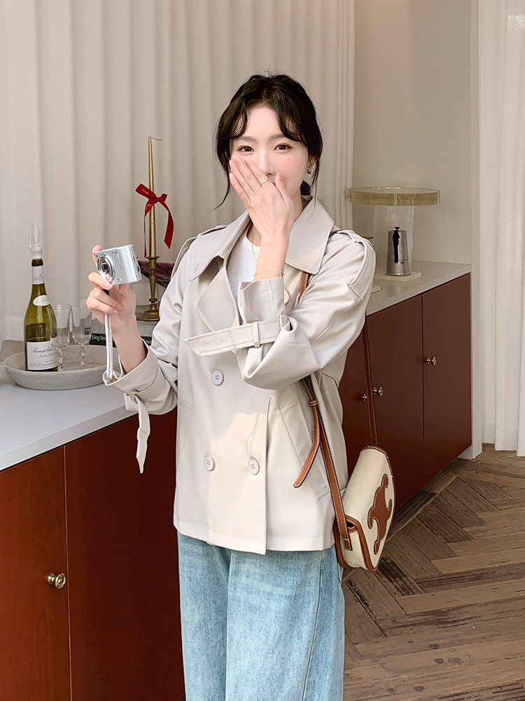 小个子短款时尚风衣外套女春秋2025新款英伦风宽松休闲米白色上衣,女装风衣,姿衣轩
