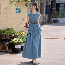 时尚牛仔套装裙女2025夏新款韩系显瘦气质无袖上衣半身裙两件套，女装套装/套裙，慕依路