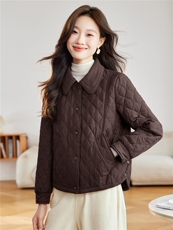 小香风菱格夹棉保暖外套女2025秋冬新款时尚翻领百搭显瘦轻薄棉服，女装棉衣/棉服，沐七七