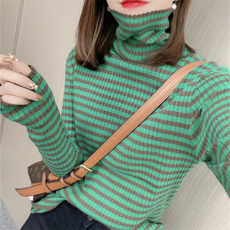 高领毛衣打底衫女秋冬新款韩版修身内搭洋气条纹拼色堆堆领针织衫，女装针织衫/毛衣，潮品会