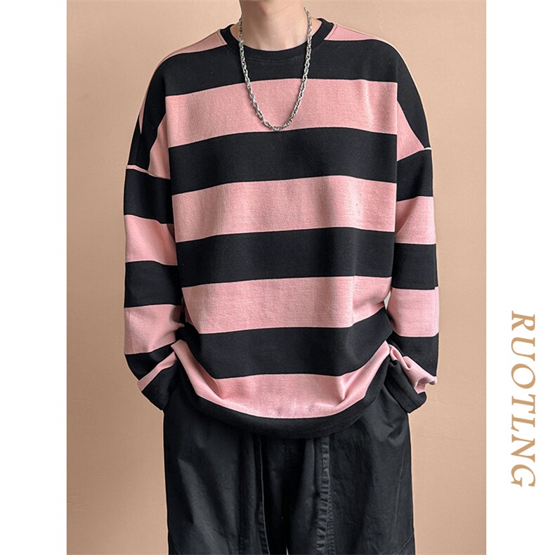秋季现货高品质潮牌卫衣98.4%棉粉色条纹上衣宽松A351-AW2514-P75,男装卫衣,电商A351