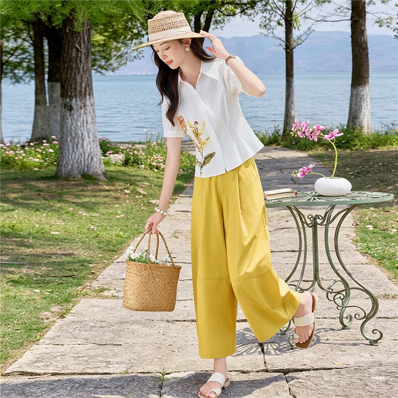 轻熟风时尚小翻领衬衫套装女2026夏气质印花上衣休闲裤两件套,女装套装/套裙,水衣源