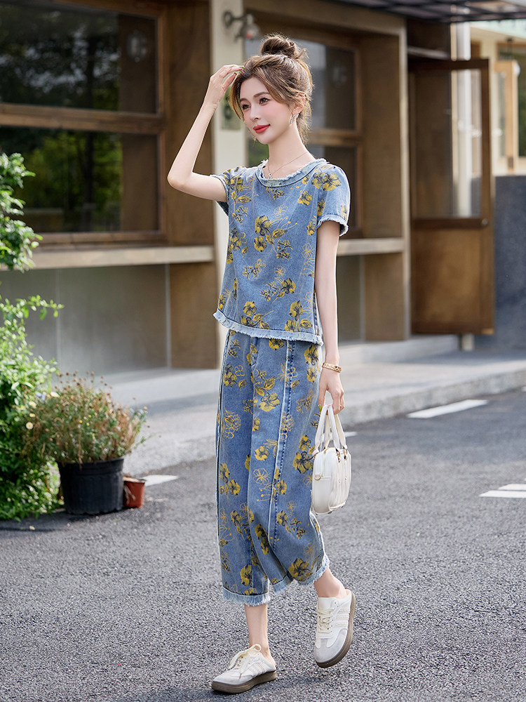小个子印花牛仔套装女2025夏季新款高腰坠感直筒裤九分裤两件套潮,女装套装/套裙,魅影