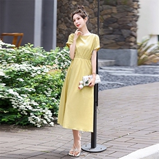 现货2024年夏季时尚后背纽扣高级感简约收腰棉麻连衣裙，女装连衣裙，蓝诺裳