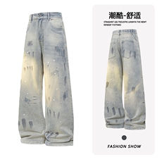B221高品质美式ins高街暗黑宽松喷墨牛仔裤LK25472-特P45控78，男装牛仔裤，电商B221