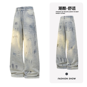 B221 高品质美式ins高街暗黑宽松喷墨牛仔裤 LK25472-特P45控78图片
