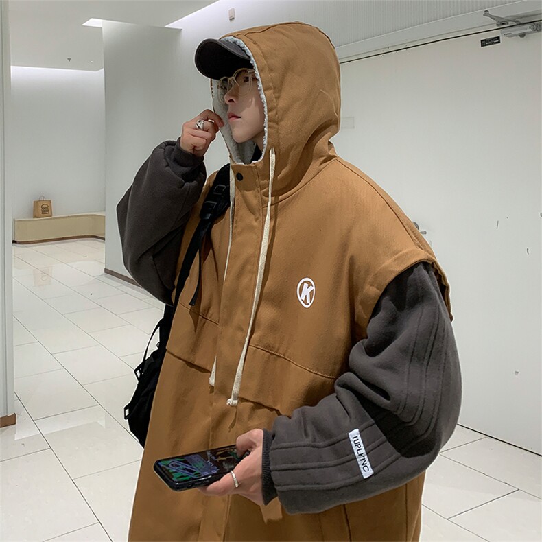 冬季加绒拼接羊羔毛连帽服男潮牌衣宽松保暖外套W6555-P98,男装棉衣,星座512-3