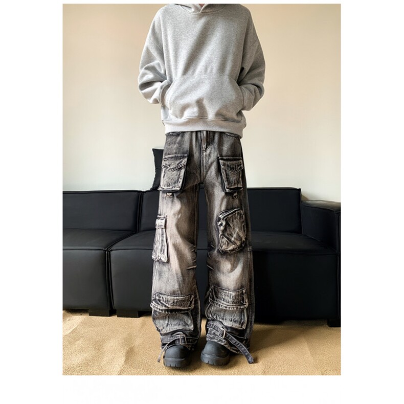 美式复古多口袋工装牛仔裤男女街头做旧水洗阔腿裤子潮N08124-P80图片