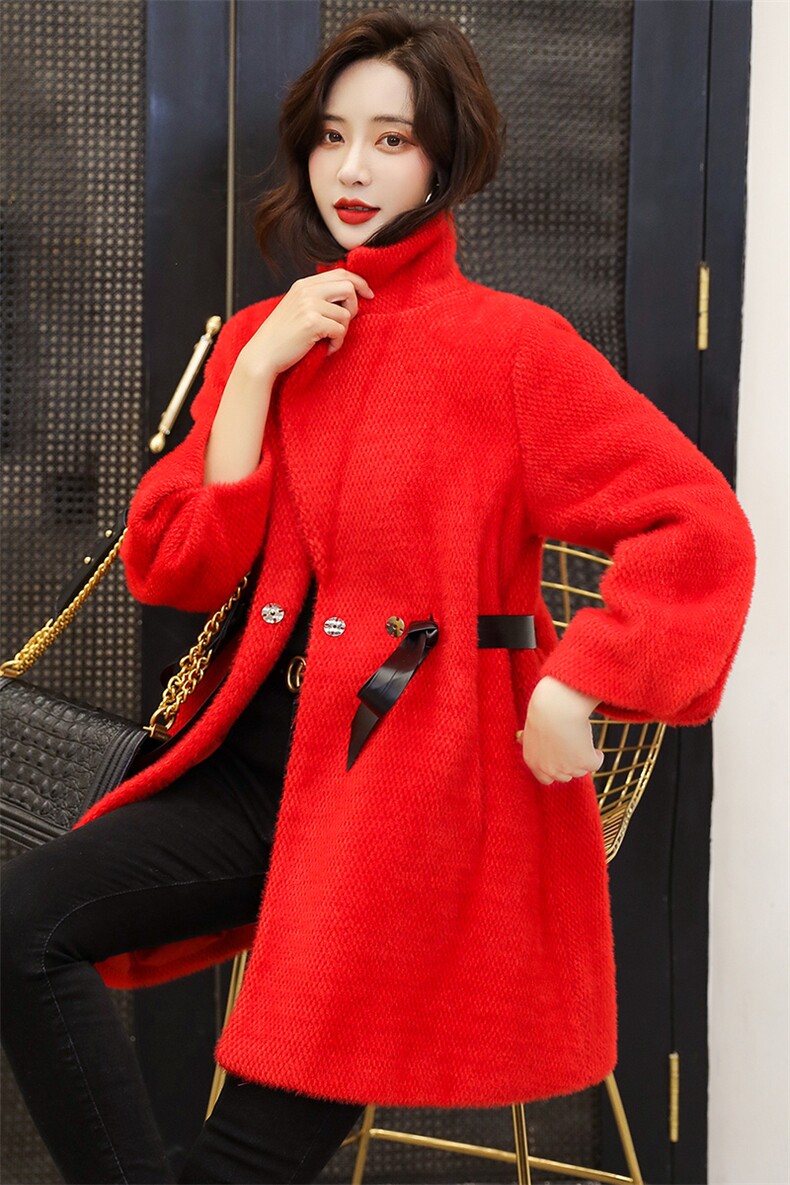 毛呢外套女中长款韩版新款2021年秋冬修身纯色显瘦黄金貂大衣图片