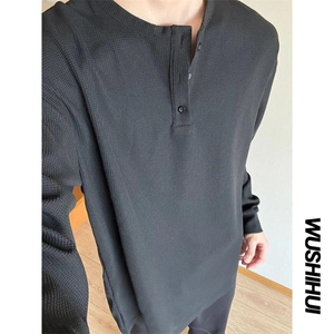 WY604-P32 2025秋新款亨利领长袖T恤男士百搭宽松复古体恤衫图片